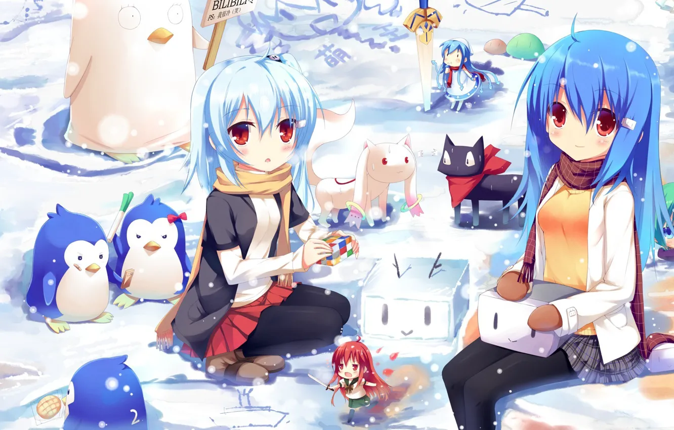 Photo wallpaper winter, snow, girls, being, penguins, Rubik's cube, Shakugan no Shana, Mahou Shoujo Madoka Magica