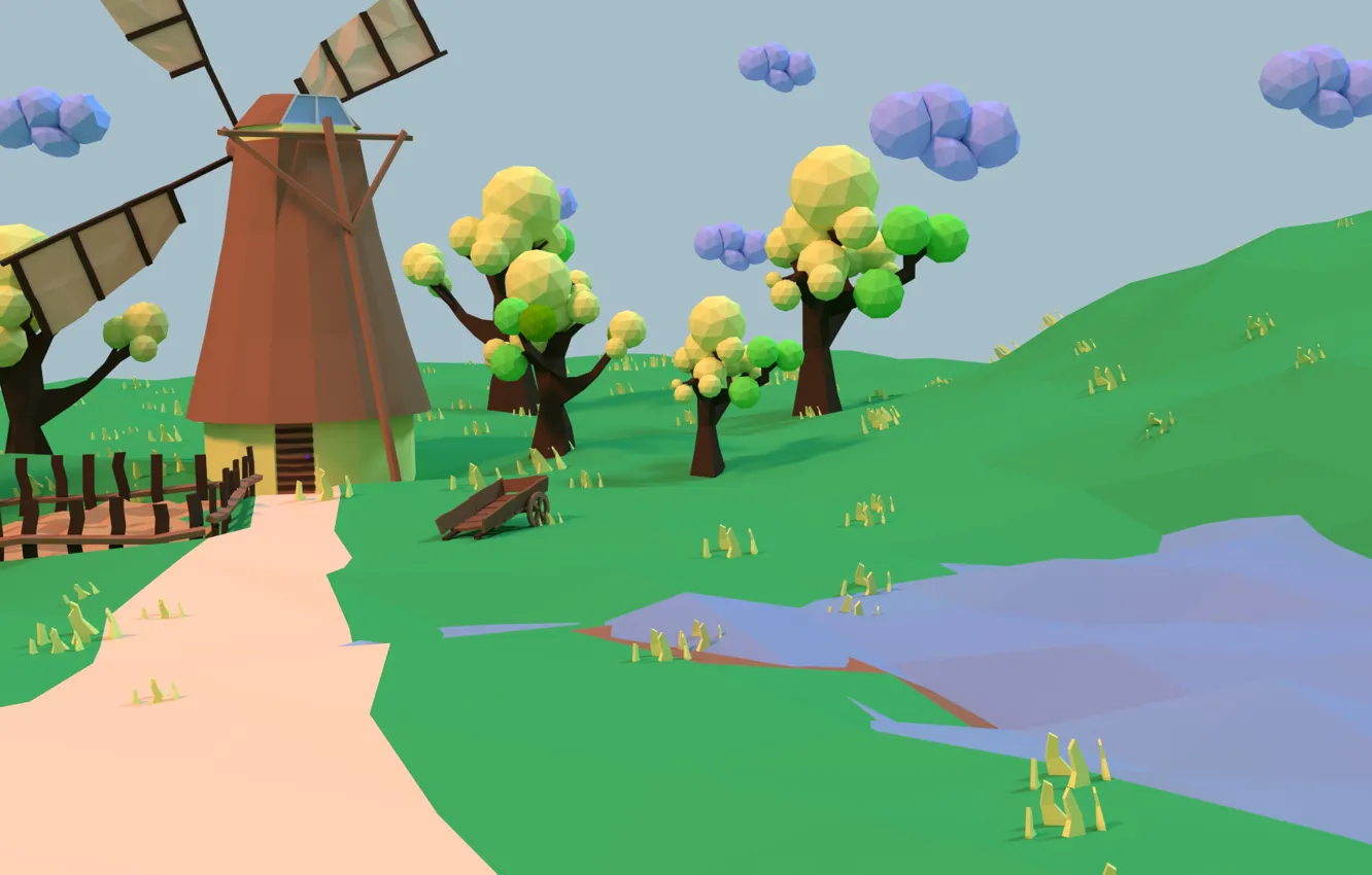 Photo wallpaper road, clouds, trees, pond, tree, the fence, mill, lowpoly
