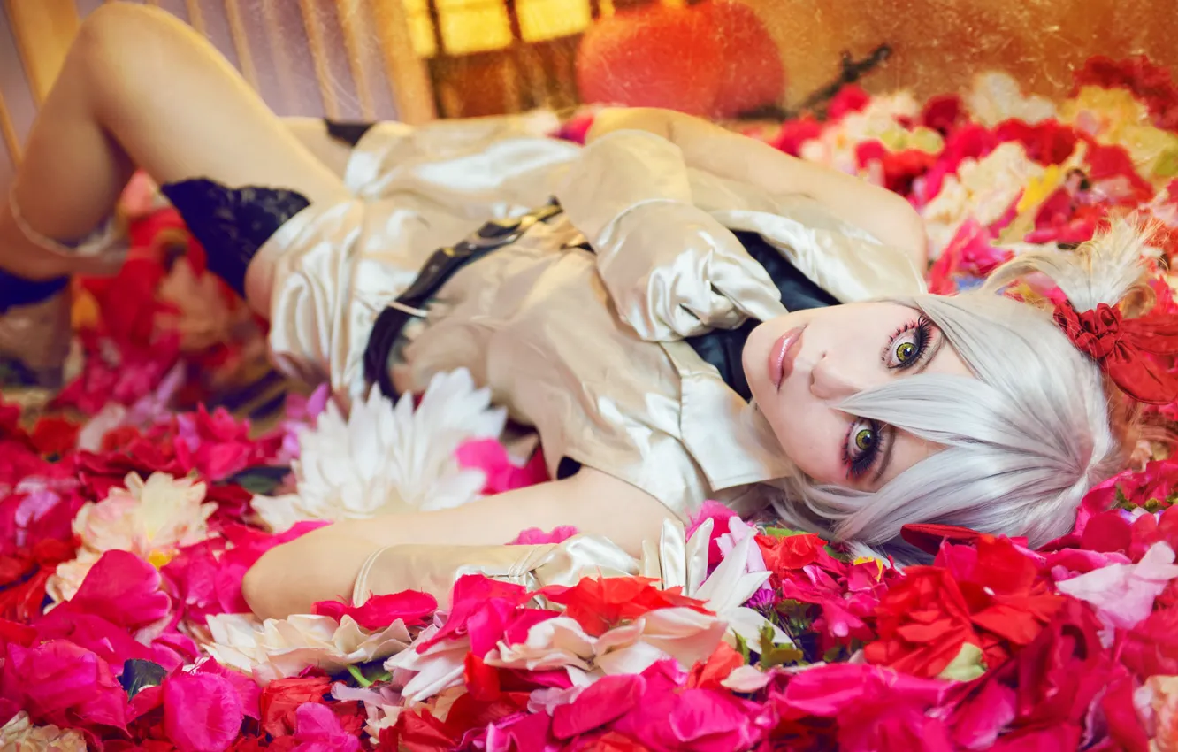 Photo wallpaper look, girl, flowers, style, blonde, image, Asian, characters