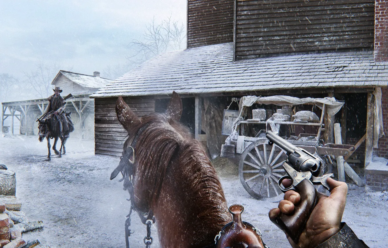 Photo wallpaper winter, the city, horse, revolver, ENCOUNTER