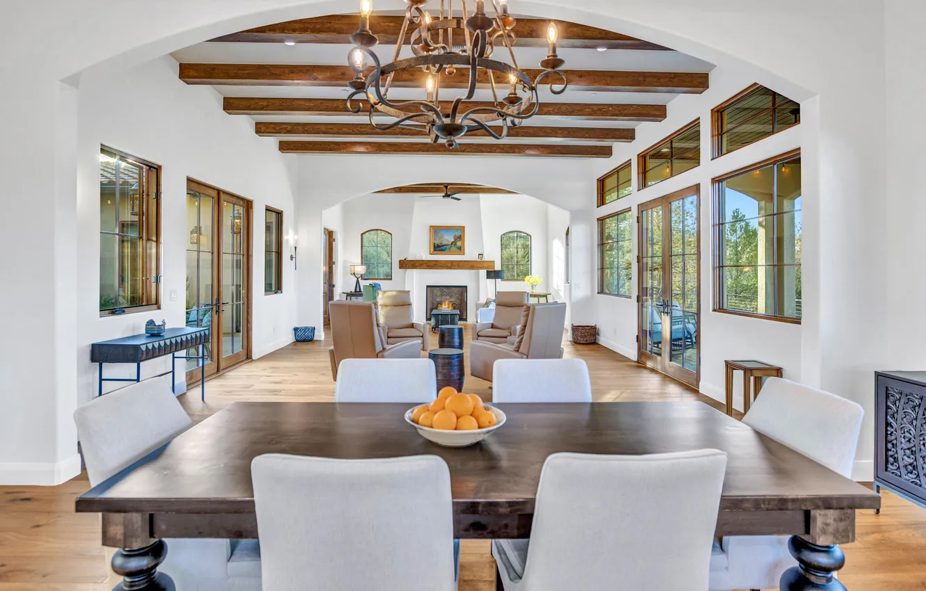 Photo wallpaper design, style, Villa, interior, fireplace, living room, dining room, Foothills in Sedona