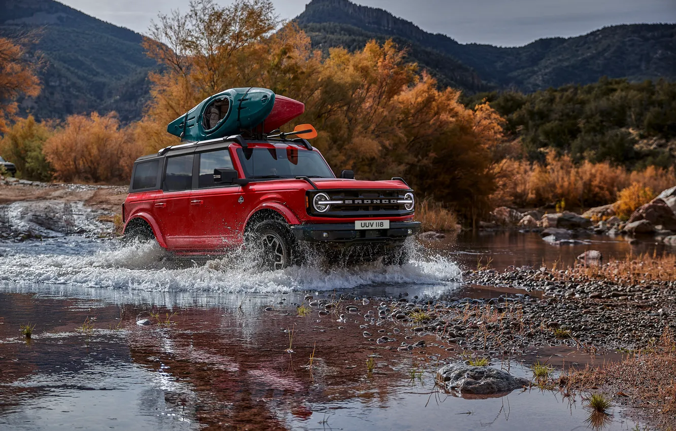 Photo wallpaper Ford, Red, Mountains, Stream, USA, SUV, SUV, Ford Bronco