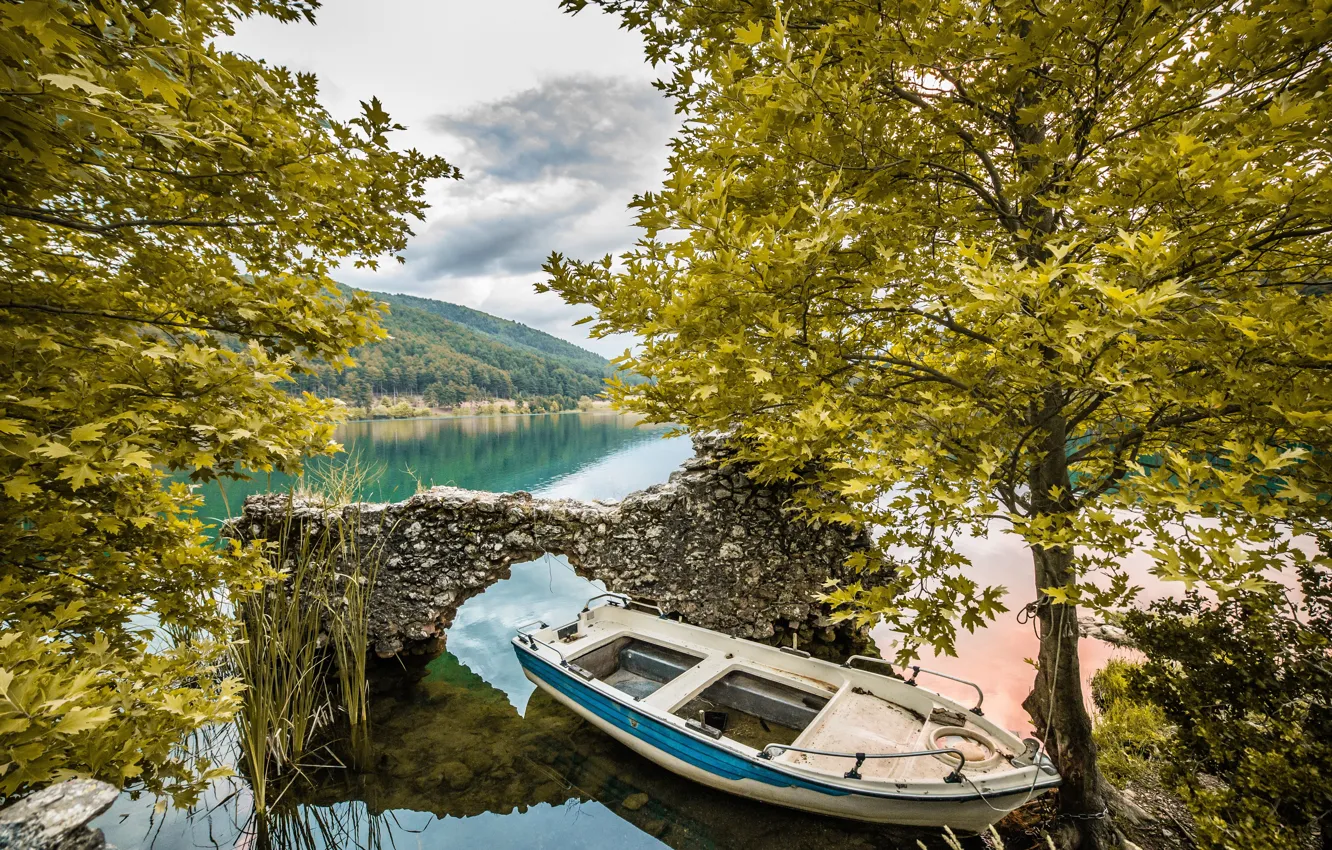 Photo wallpaper forest, trees, lake, shore, boat, Greece