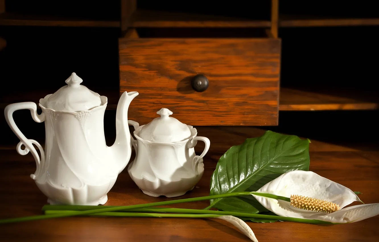 Photo wallpaper flowers, table, kettle, still life, sugar bowl