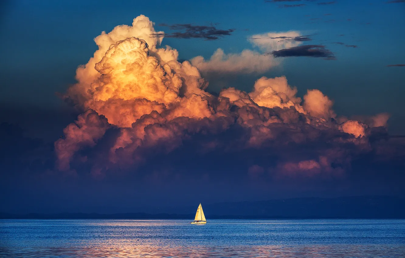 Photo wallpaper sea, the sky, clouds, reflection, shore, sailboat, mirror, horizon