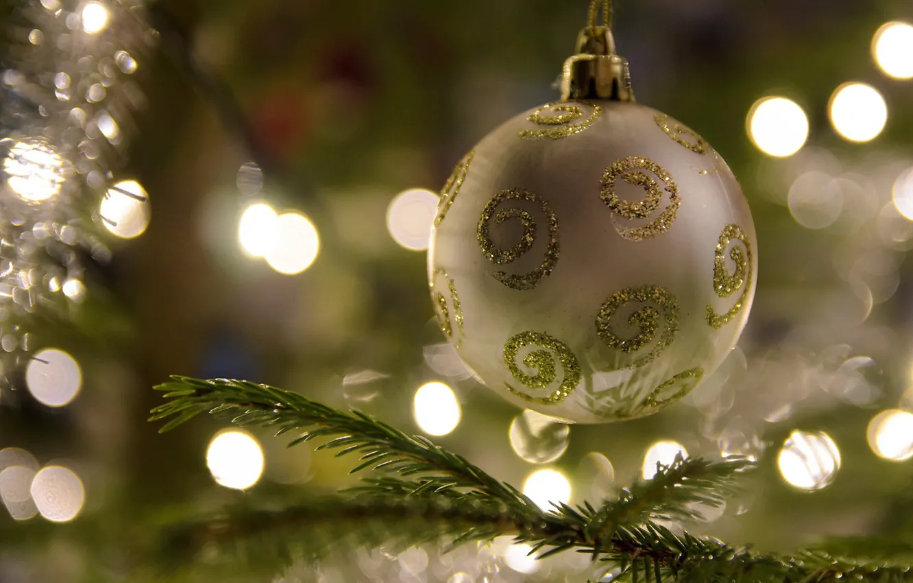 Photo wallpaper balls, branches, glare, holiday, balls