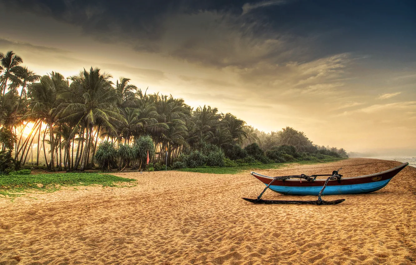 Photo wallpaper sand, sea, beach, tropics, palm trees, coast, boat, HDR