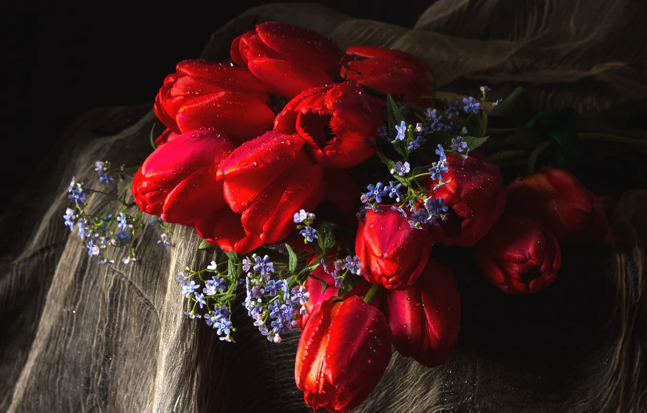 Photo wallpaper bouquet, tulips, forget-me-nots