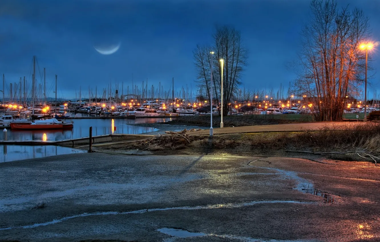 Photo wallpaper the sky, river, the moon, yachts, the evening, pier, lights