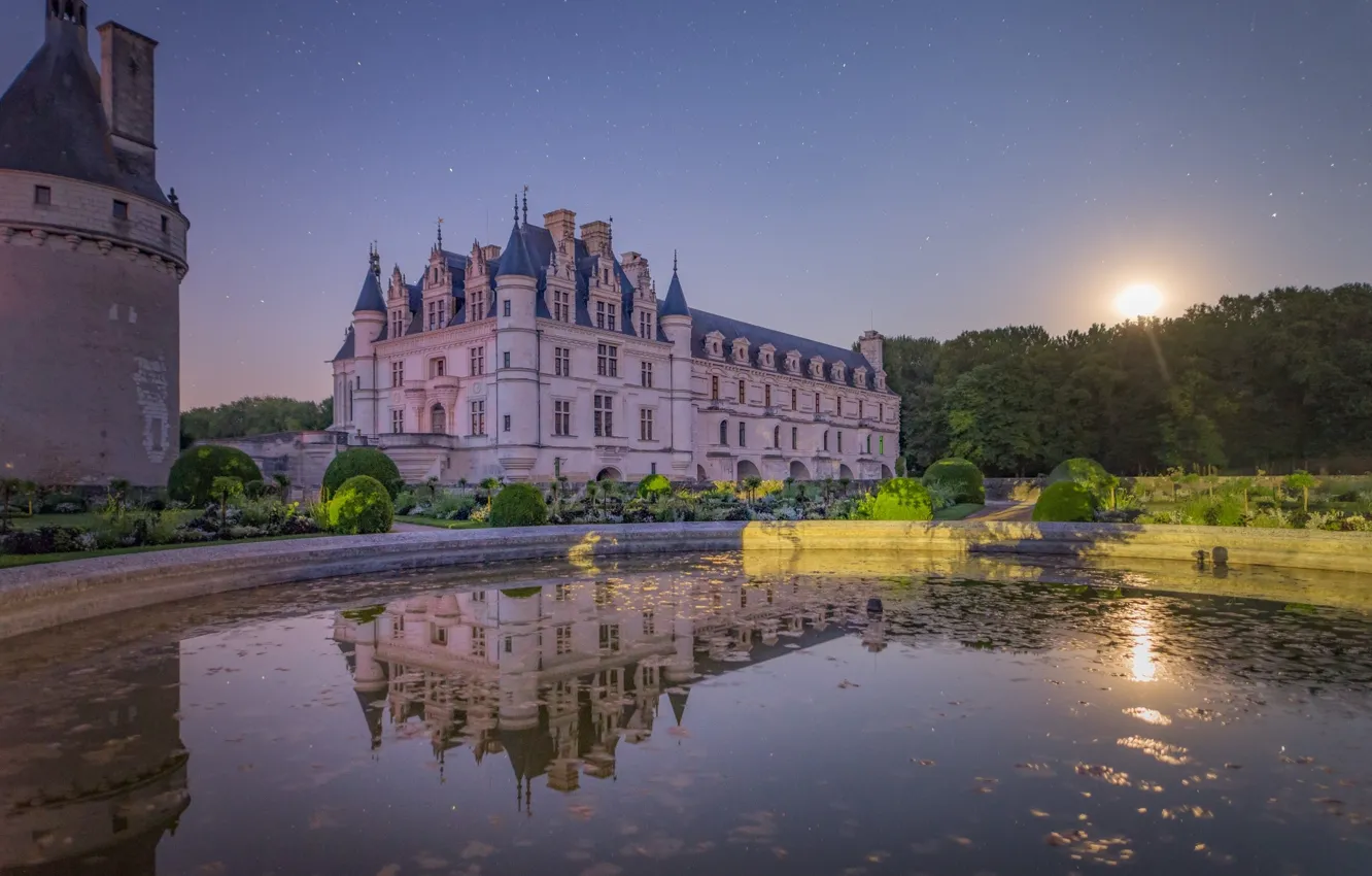 Photo wallpaper castle, architecture, twilight, pond