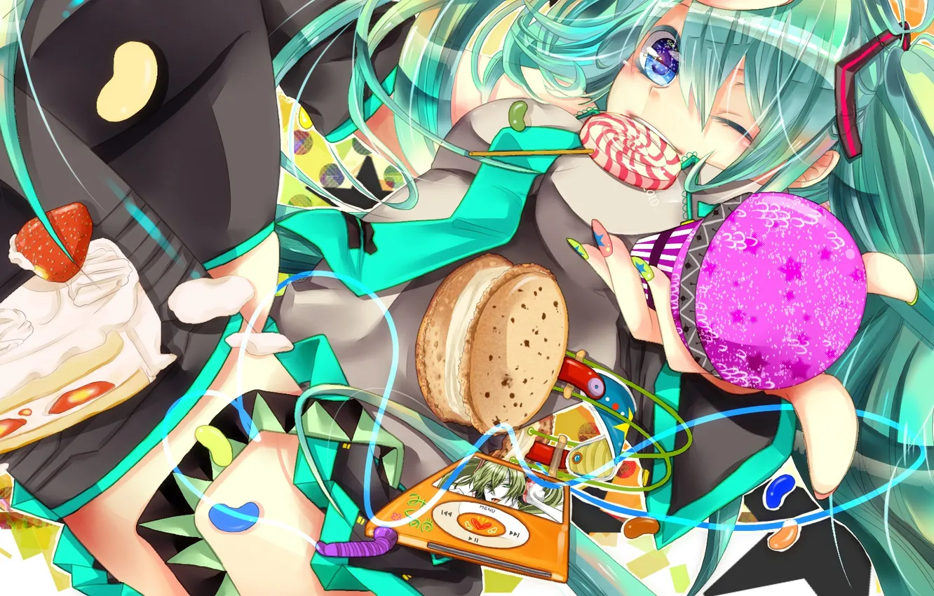 Photo wallpaper girl, anime, headphones, strawberry, art, player, candy, sweets