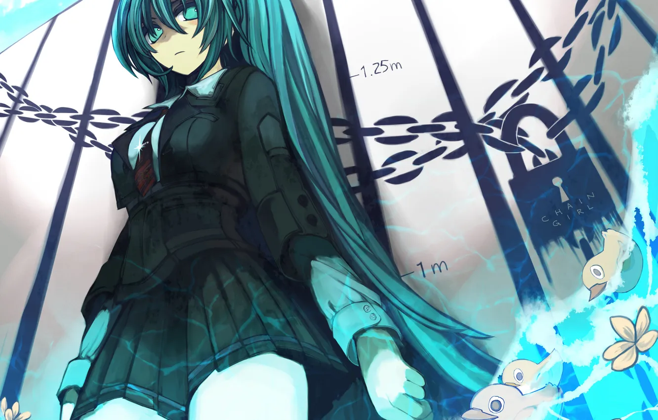 Photo wallpaper look, girl, castle, duck, chain, vocaloid, hatsune miku, school uniform