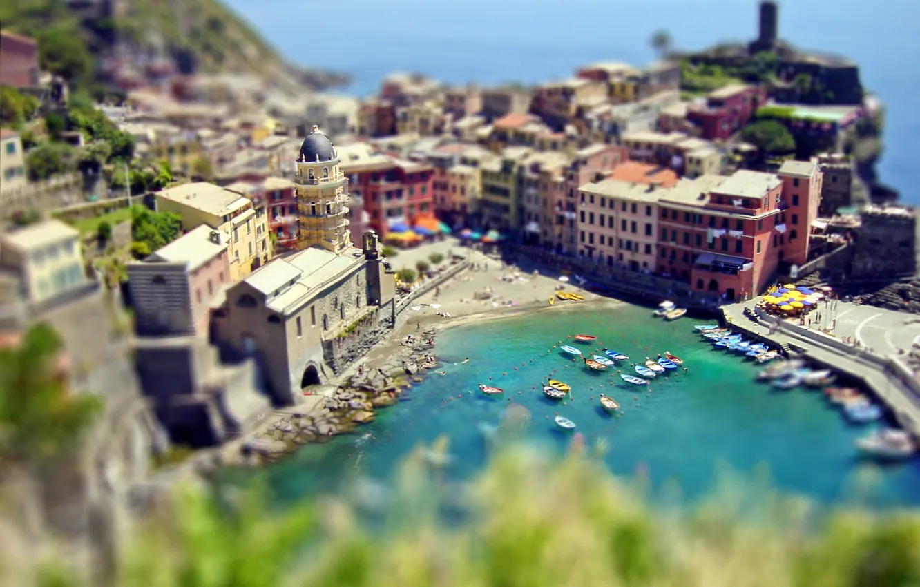 Photo wallpaper sea, the city, boat, tilt shift