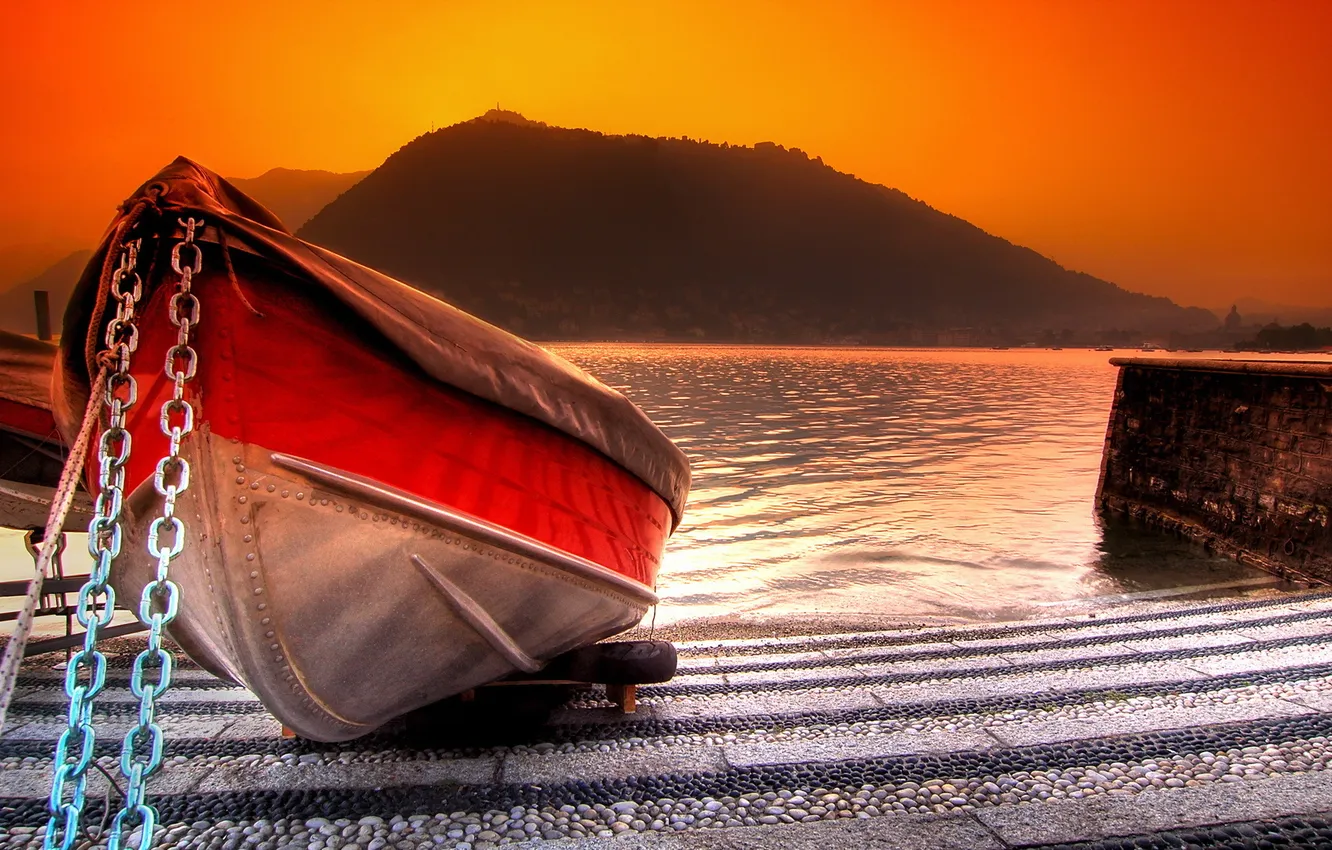 Photo wallpaper landscape, sunset, boat