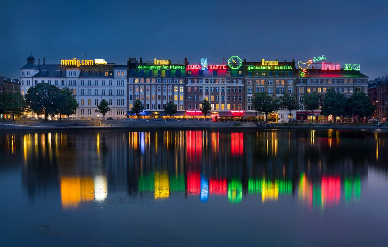 Photo wallpaper water, night, lights, reflection, river, home, neon, Denmark