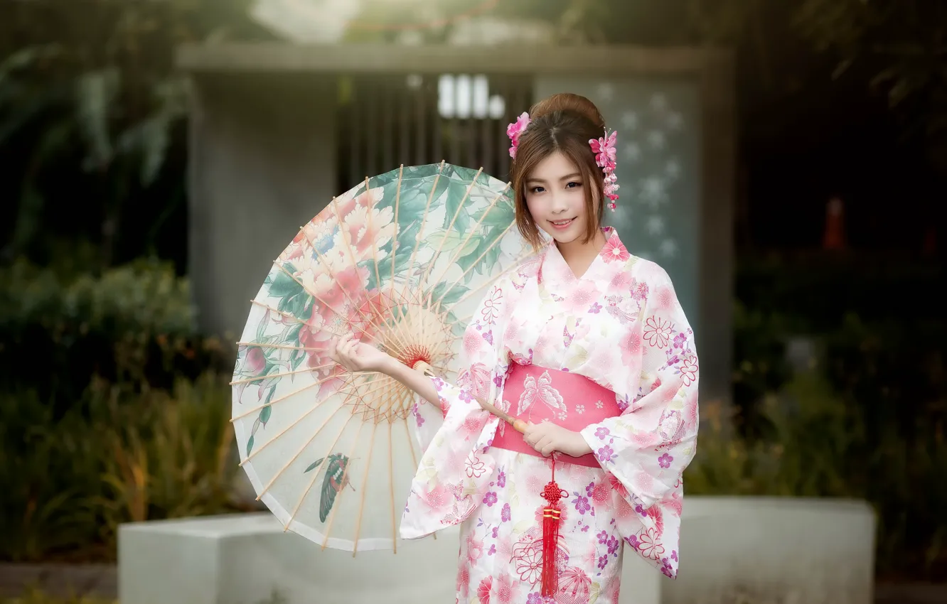 Photo wallpaper girl, umbrella, Asian