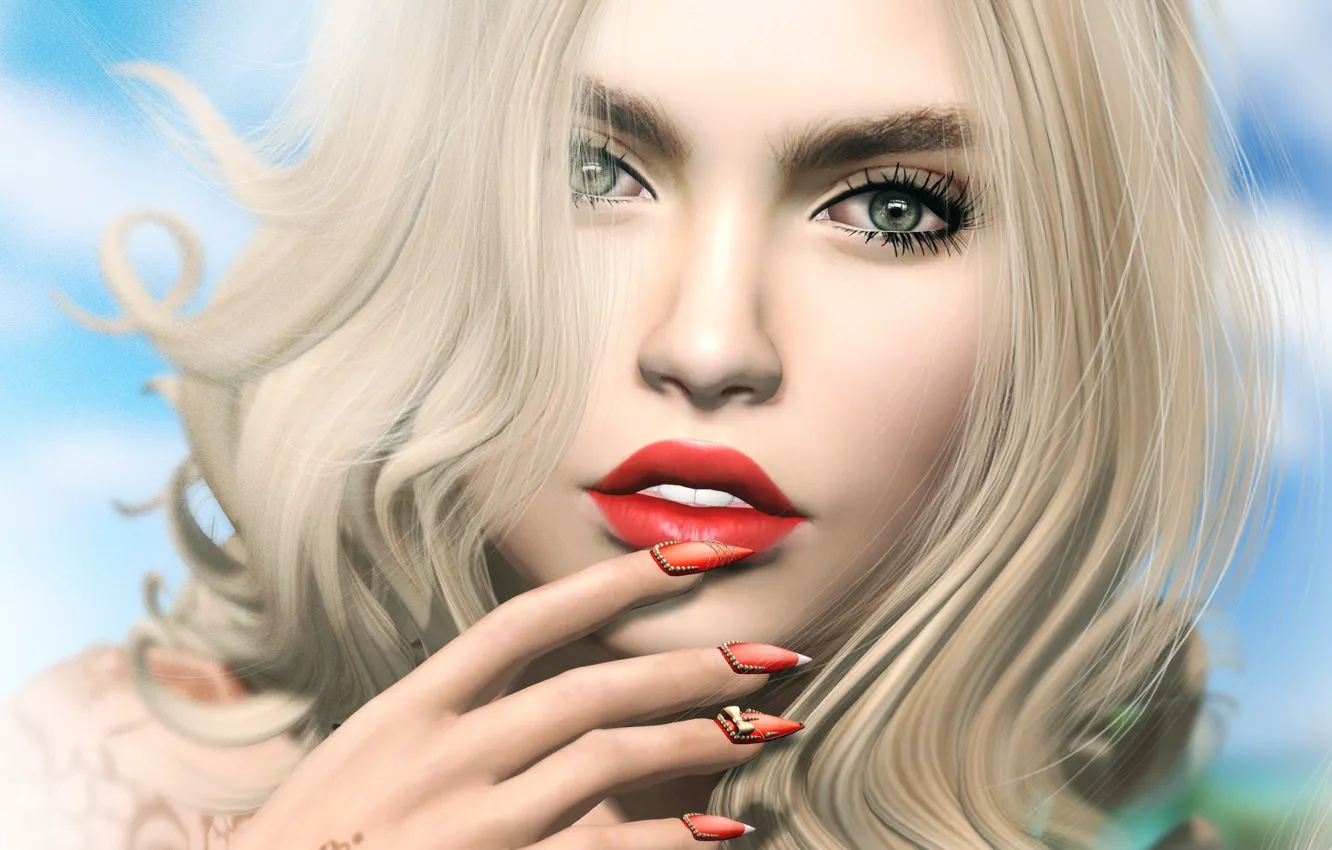 Photo wallpaper summer, eyes, girl, face, hair, lipstick, lips, manicure