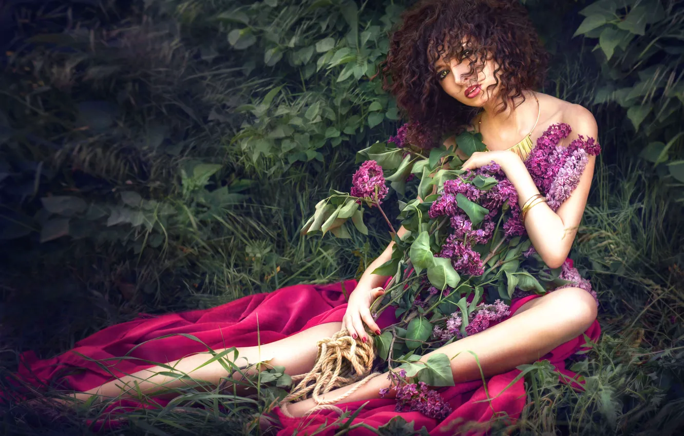 Photo wallpaper girl, flowers, makeup, legs, curls, lilac