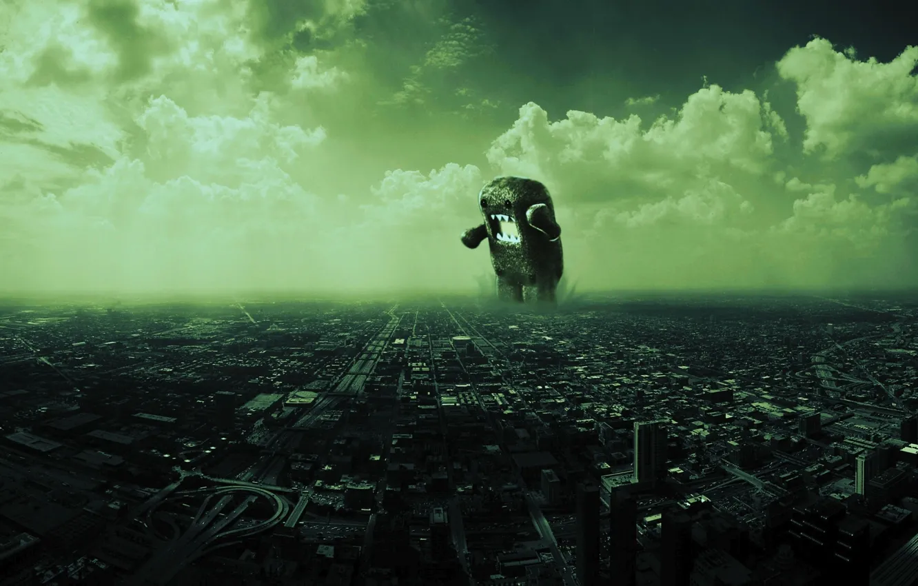 Photo wallpaper city, green, big, clouds, Domo