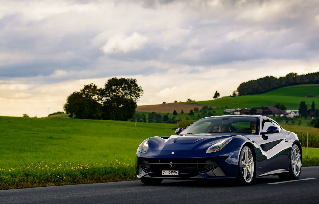 Photo wallpaper road, lights, village, wheel, Ferrari, front, F12