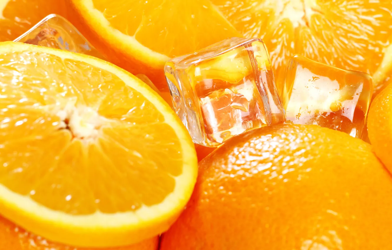 Photo wallpaper ice, macro, orange, fruit, slices, composition, ice cubes