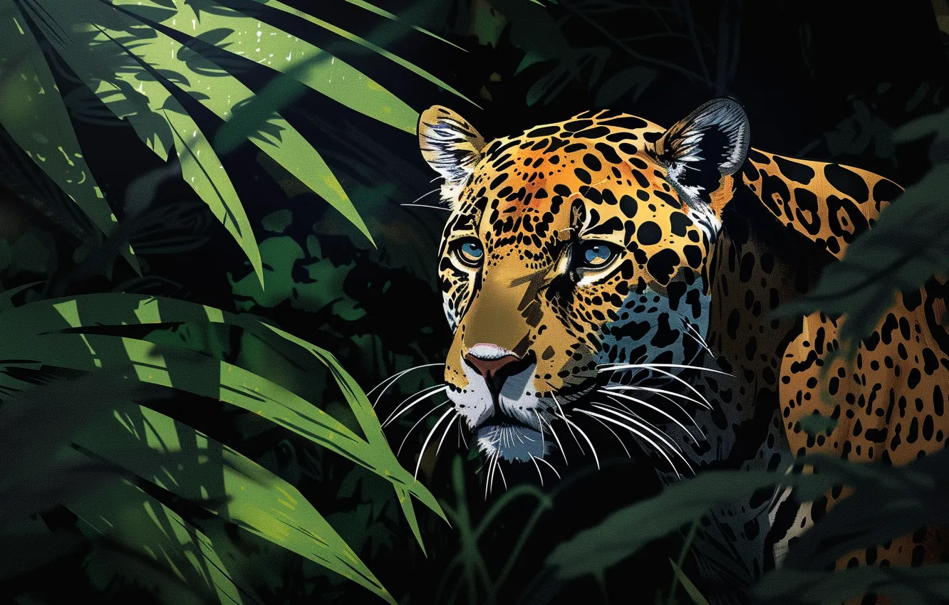 Photo wallpaper look, face, leaves, predator, Jaguar, big cat, closeup, digital art