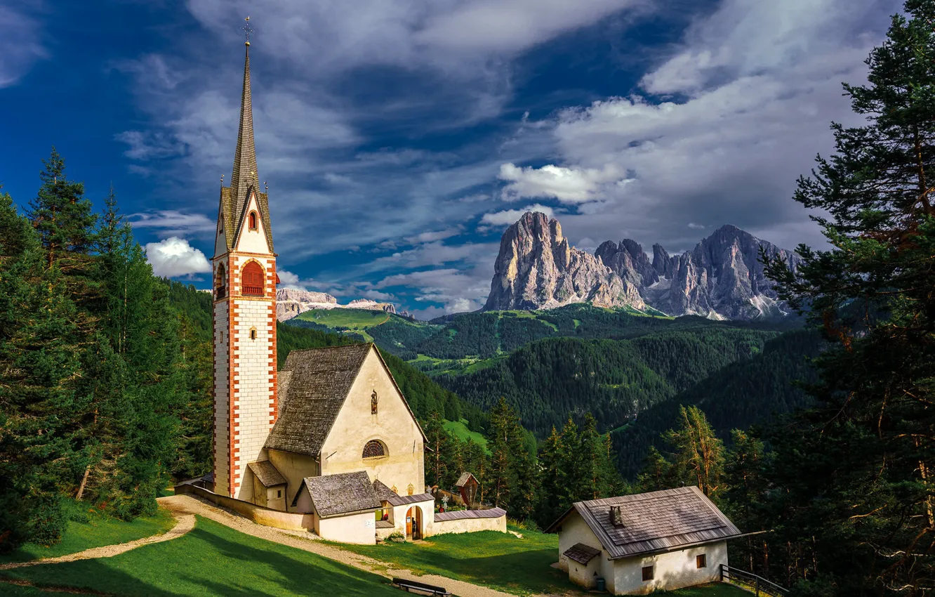Photo wallpaper mountains, Alps, Italy, Church, Ortisei