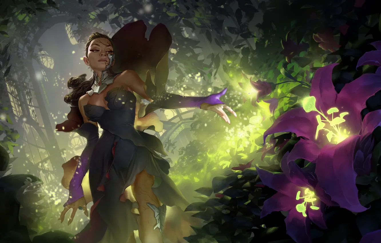 Photo wallpaper forest, girl, flowers, cyborg, Legends of Runeterra