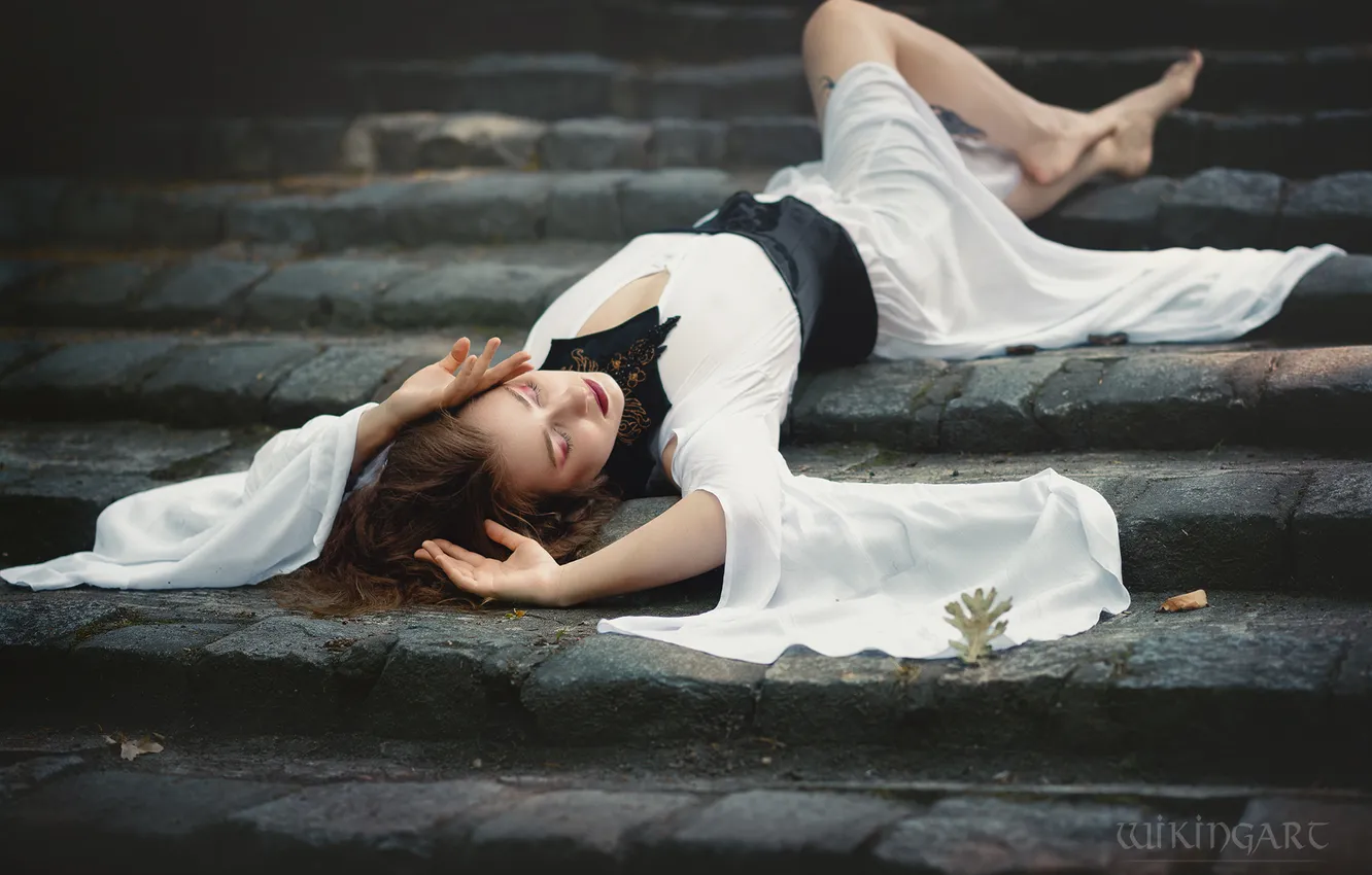 Photo wallpaper look, girl, nature, pose, makeup, dress, fantasy, outfit