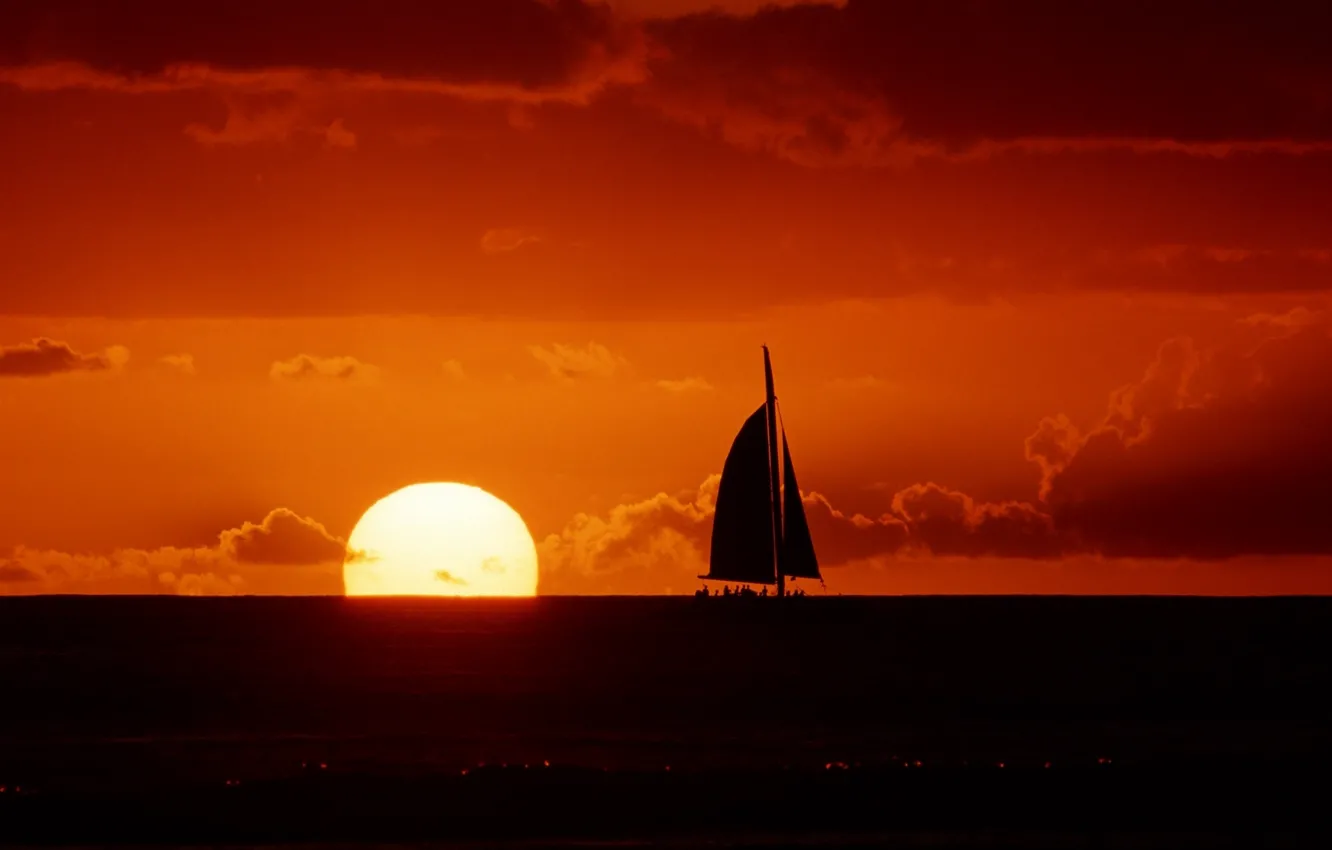Photo wallpaper sea, the sky, the sun, clouds, sunset, nature, sailboat