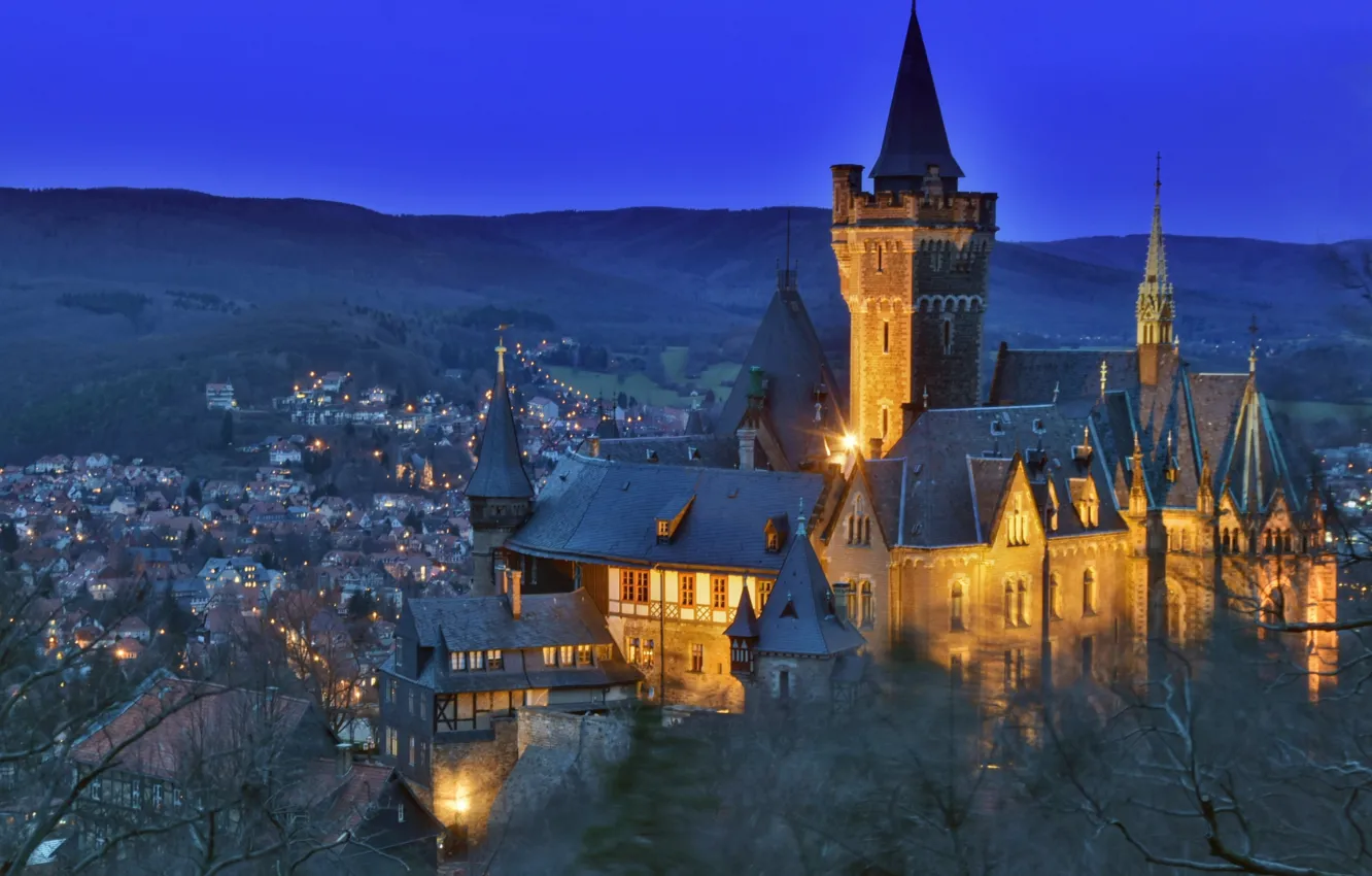 Photo wallpaper landscape, nature, the city, castle, the evening, Germany, lighting, Saxony-Anhalt