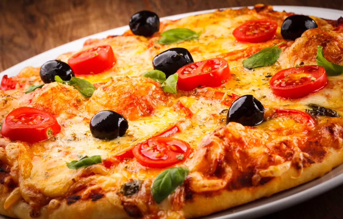 Photo wallpaper food, chicken, cheese, pizza, tomatoes, dish, olives