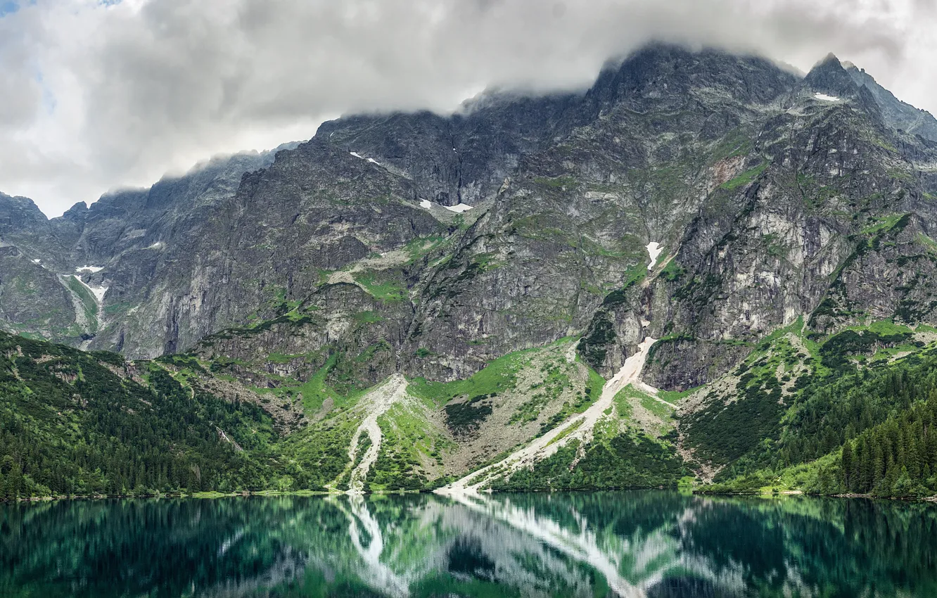 Photo wallpaper the sky, clouds, trees, mountains, clouds, nature, lake, rocks