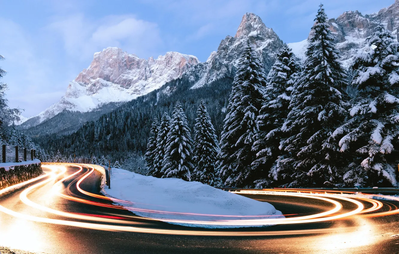 Photo wallpaper winter, road, forest, the sky, asphalt, clouds, snow, trees