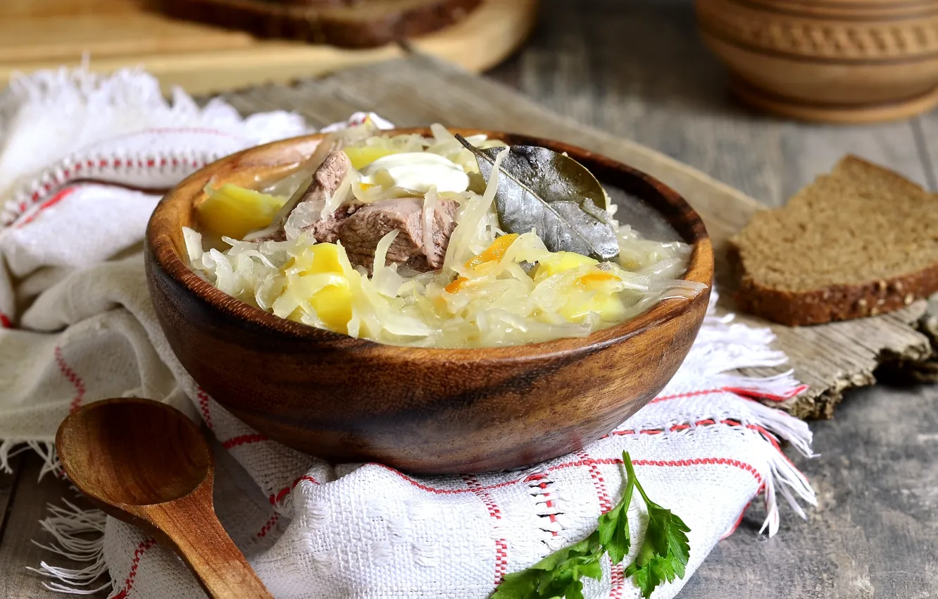 Photo wallpaper bread, spoon, soup, meat, bowl, cabbage