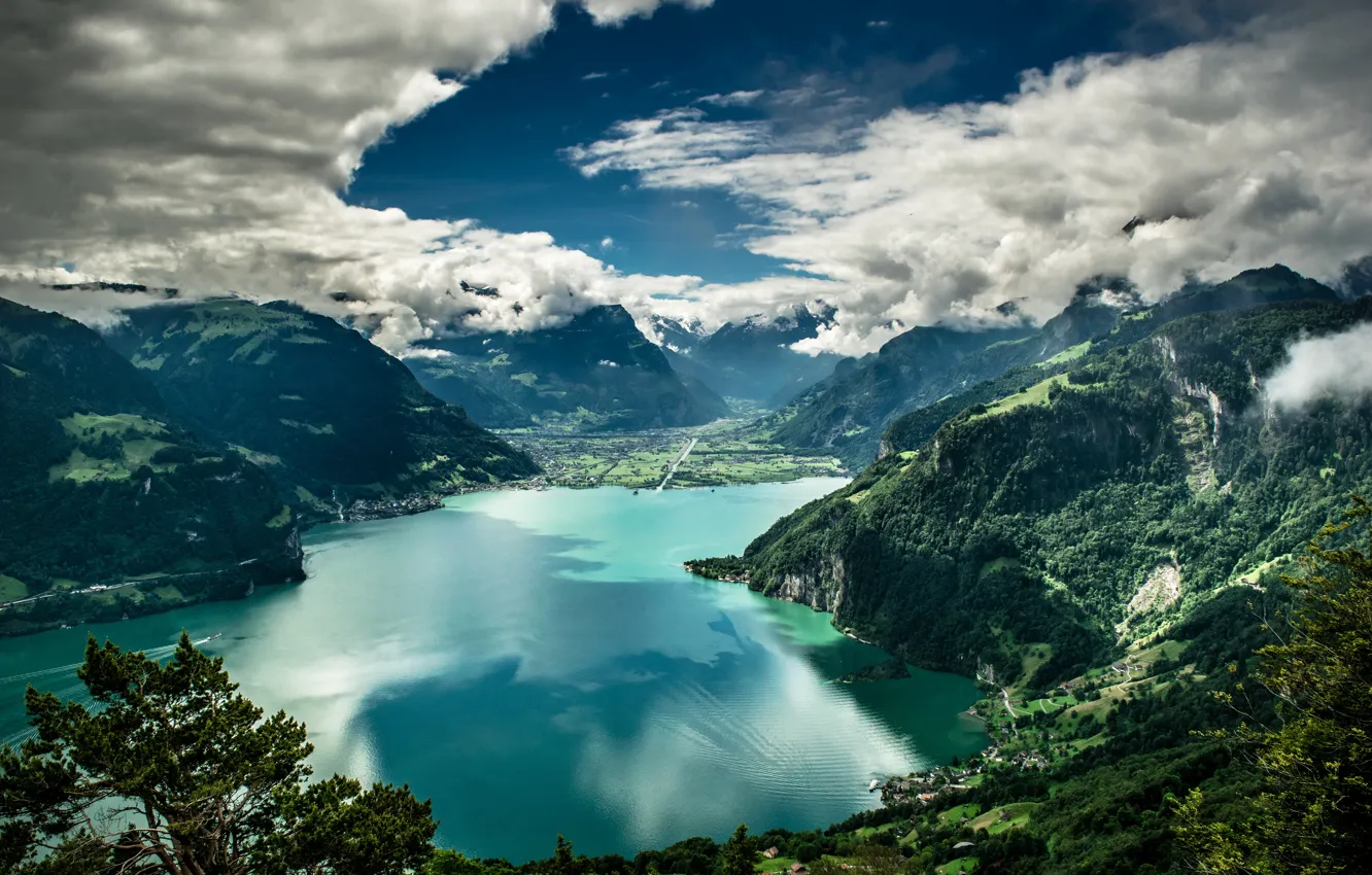 Photo wallpaper the sky, clouds, mountains, nature, lake, height, Switzerland, pond