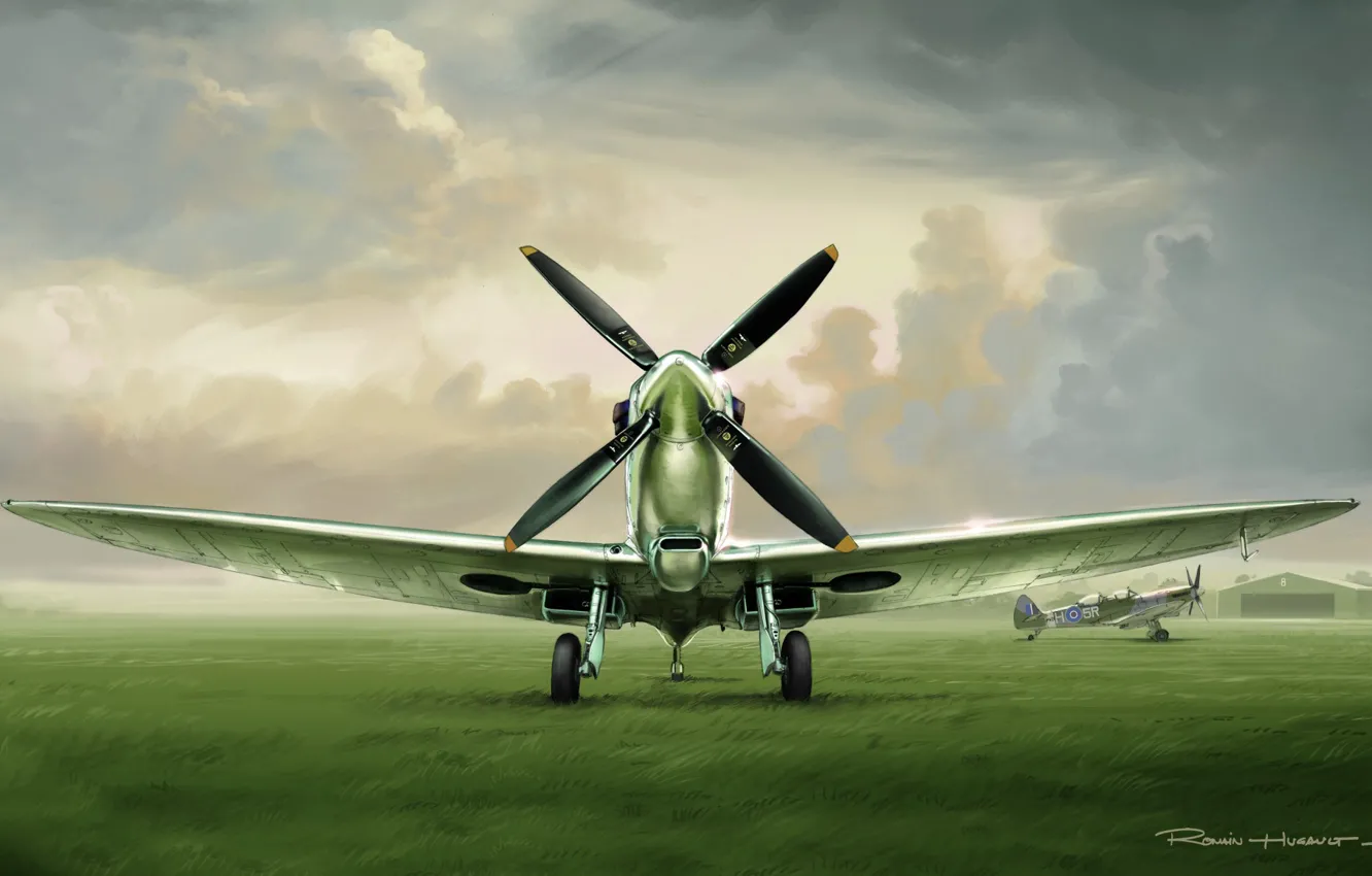 Photo wallpaper grass, clouds, figure, fighter, the airfield, Spitfire, RAF, Supermarine