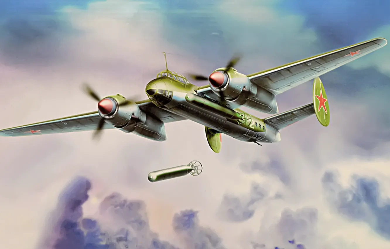 Photo wallpaper war, art, airplane, painting, aviation, ww2, Tupolev Tu-2, daylight bomber