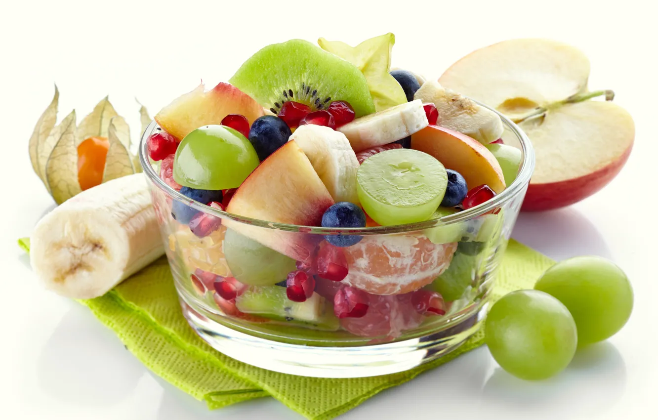 Photo wallpaper berries, apples, kiwi, blueberries, grapes, bananas, white background, vase