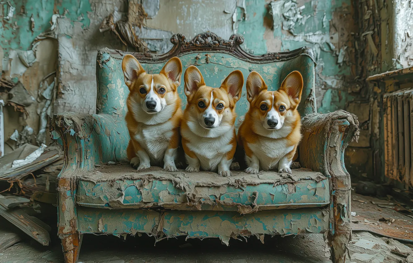 Photo wallpaper look, sofa, dog, devastation, trio, Trinity, Welsh Corgi, neural network