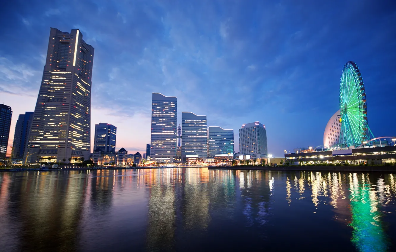 Photo wallpaper sea, skyscrapers, Japan, sunset, Yokohama