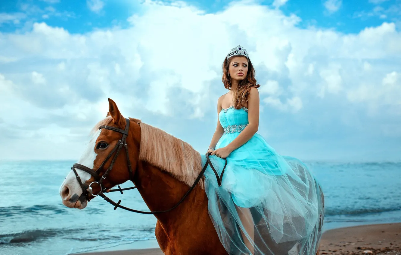 Photo wallpaper sea, the sky, girl, mood, horse, horse, dress, Alessandro Di Cicco