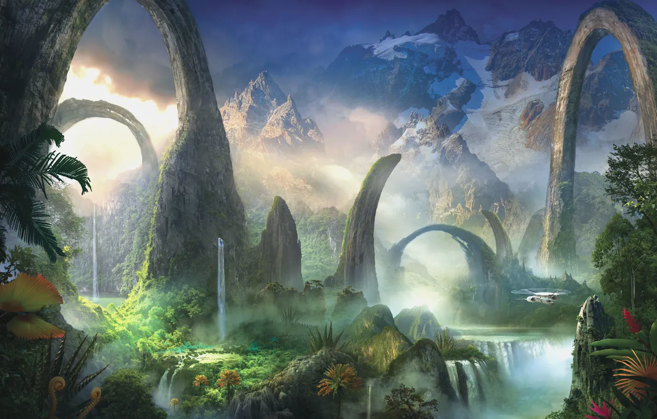 Photo wallpaper greens, water, landscape, mountains, plant, waterfall, art, arch