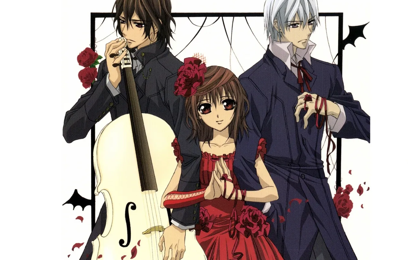 Photo wallpaper cello, red dress, art, kaname kuran, vampire knight, yuuki cross, knight-vampire, flower in hair