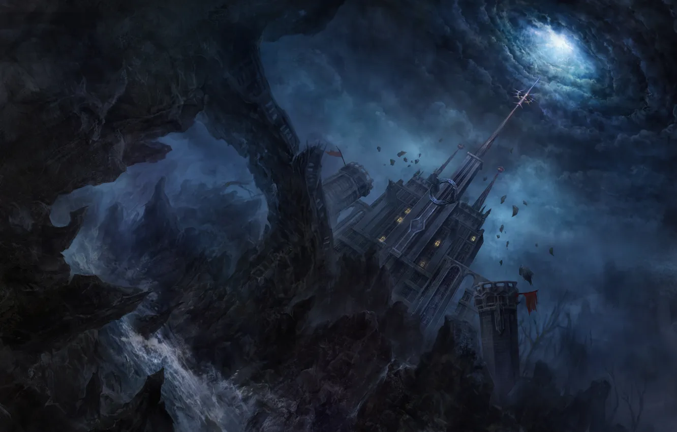 Photo wallpaper the wreckage, water, clouds, castle, rocks, art, destruction, fortress