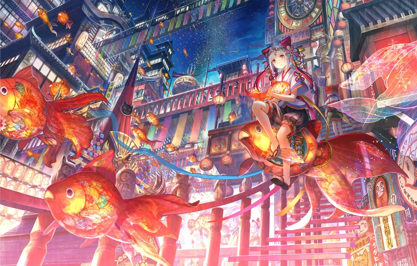 Photo wallpaper girl, joy, night, the city, magic, fish, art, fuji choko