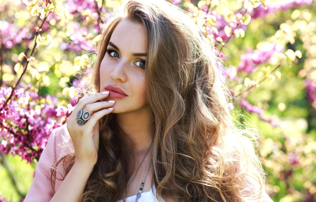 Photo wallpaper look, girl, light, flowers, branches, nature, pose, portrait