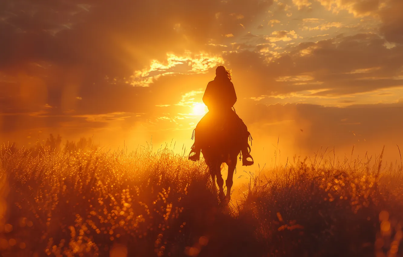 Photo wallpaper field, the sky, girl, the sun, clouds, rays, sunset, fog