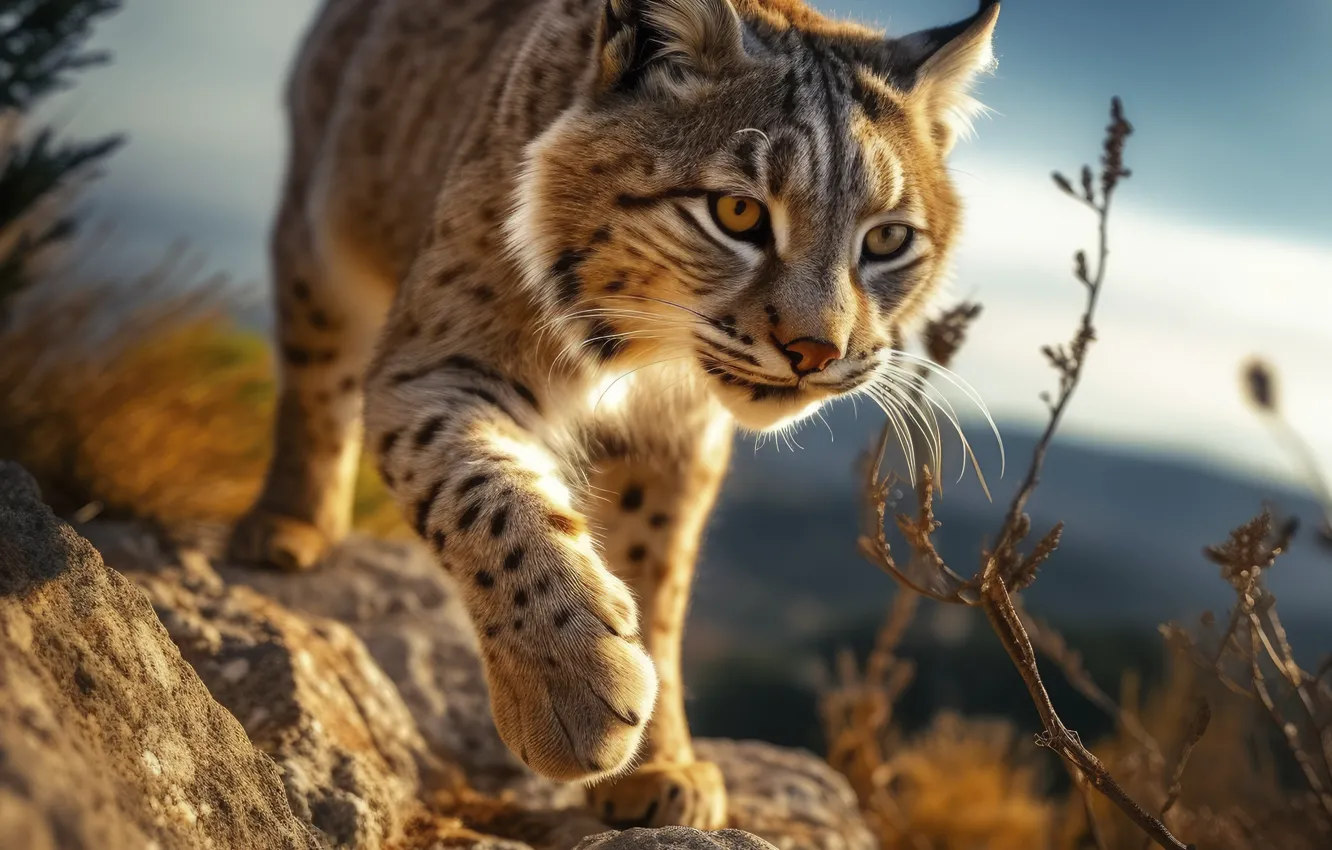 Photo wallpaper stones, walk, lynx, sneaks, AI art, neural network