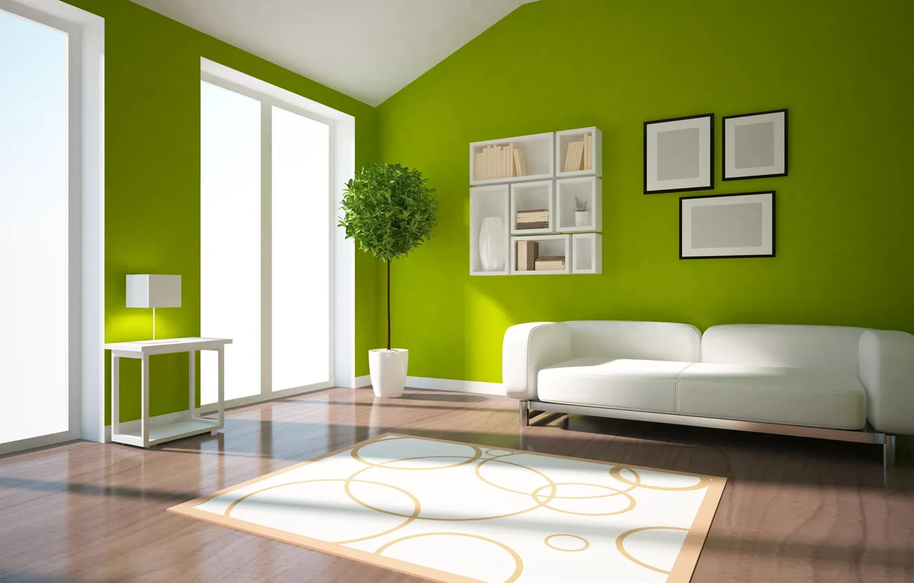Photo wallpaper flower, design, sofa, carpet, interior, bookshelves, modern